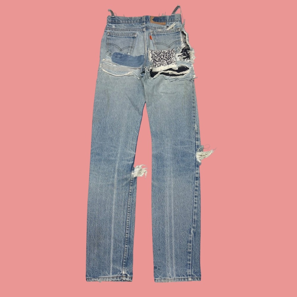 Levis Orange Tab Custom Distressed Patchwork Jeans Light Wash Straight Leg 26x31